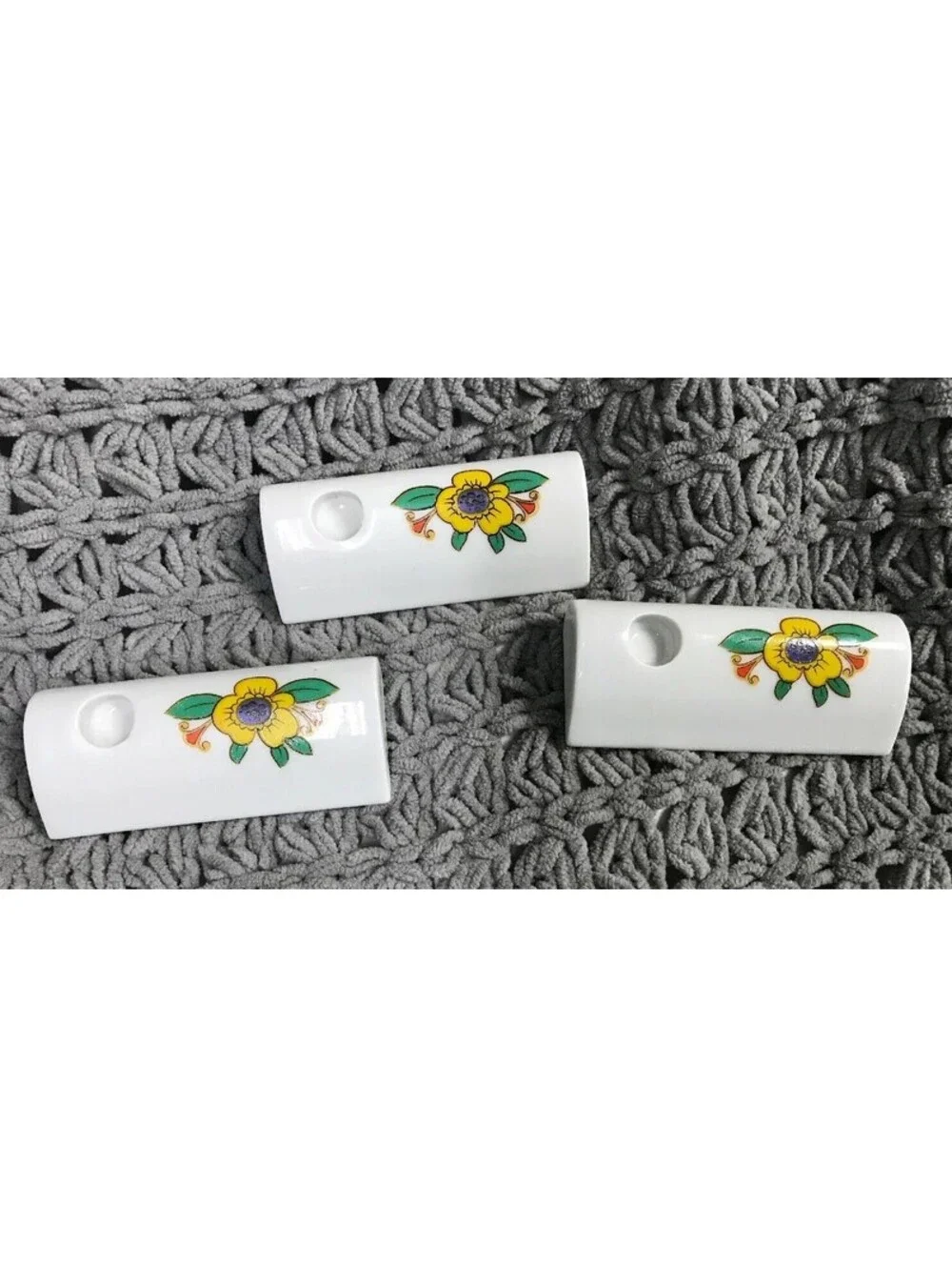 West German Candle Holders White With Flowers Blue Yellow Red 3” Funny Design